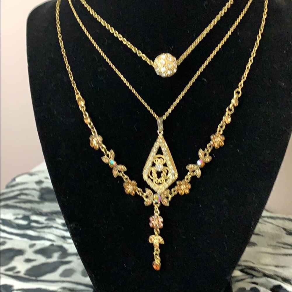 REDUCED! 3 pc Lot - Gold tone rhinestone necklaces